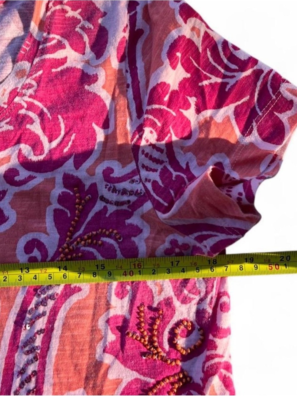 Sonoma Pink & Coral Damask Scoop Neck Tee Paisley Print with Beads - Picture 4 of 6